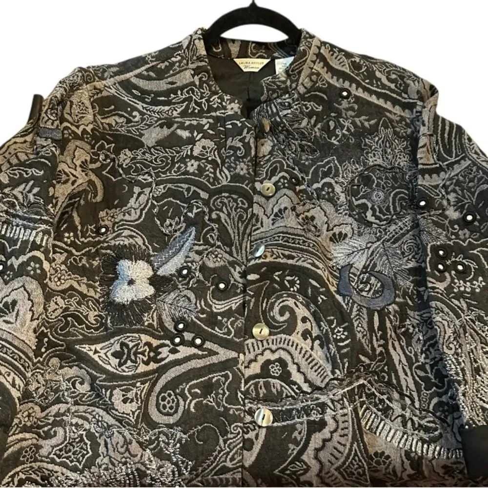 Vintage Laura Ashley Woman Metallic Embroidered Paisley Jacquard Jacket 1X Boho